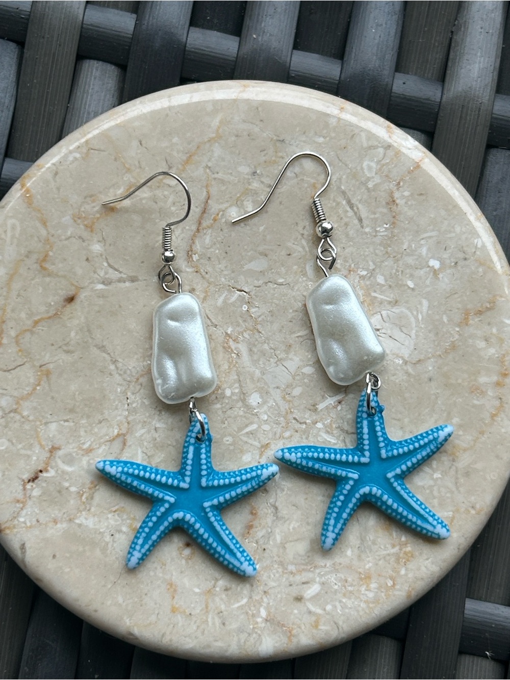 Blue Starfish Dangle Earrings with Pearl Accent
